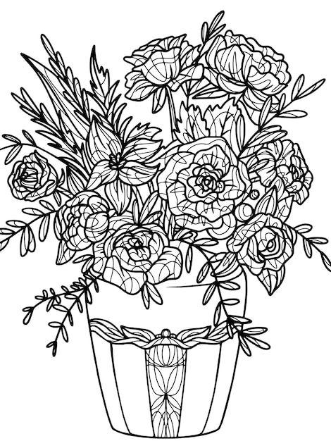 Flores rosas silvestres en un jarrón objeto aislado Libro para colorear antiestrés para niños y adultos