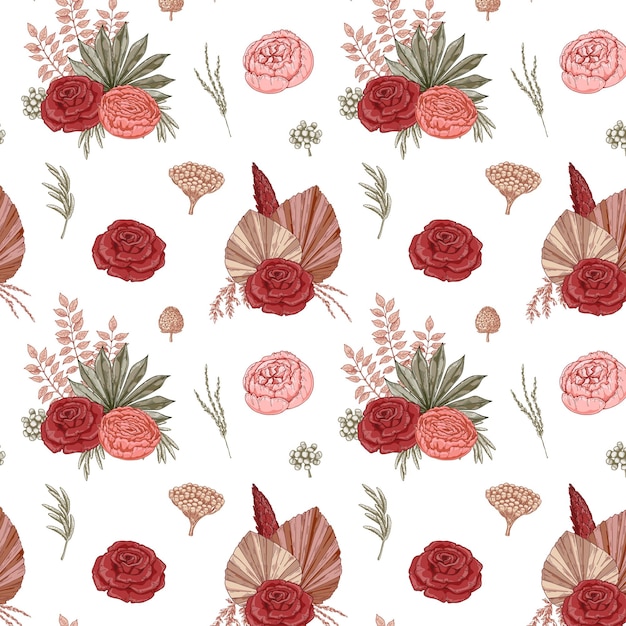 Flores secas modernas de patrones sin fisuras Diseño boho Ilustración de vector dibujado a mano
