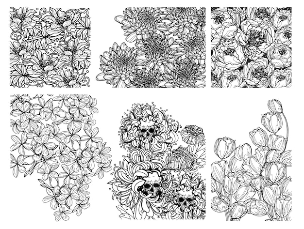 Flores set dibujo a mano dibujo blanco y negro