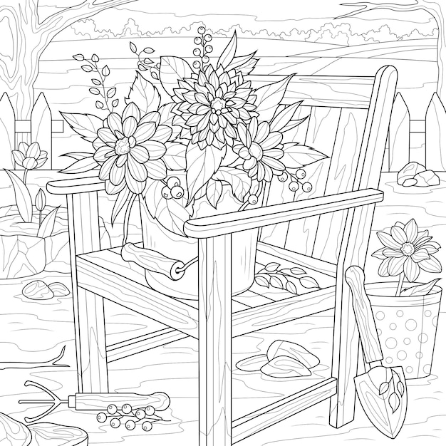 Flores en una silla en el jardín jardinería libro para colorear antiestrés para niños y adultos ilustración aislada sobre fondo blanco estilo zentangle dibujar a mano