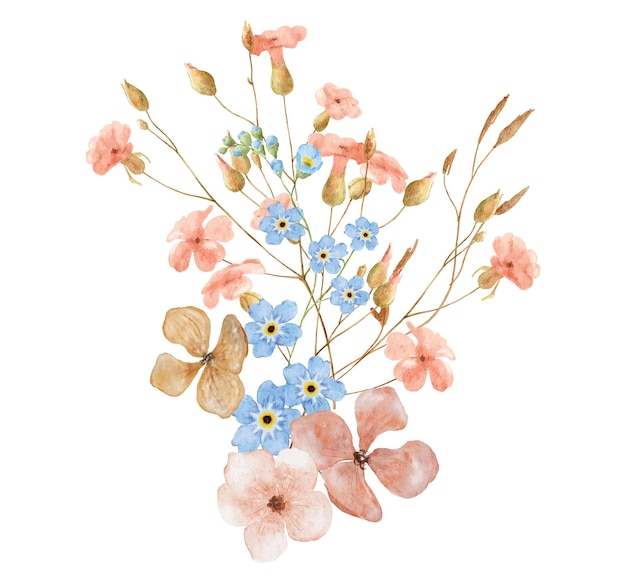 Flores silvestres con acuarela ramo botánico ilustrado a mano