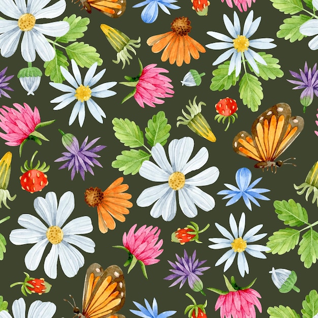 Las flores silvestres de acuarela, el trébol margarita y la mariposa, con un patrón sin costuras sobre un fondo oscuro.