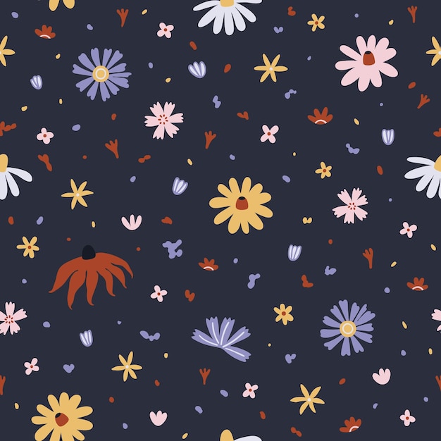 Flores silvestres coloridas sobre un fondo oscuro con un patrón sin costuras