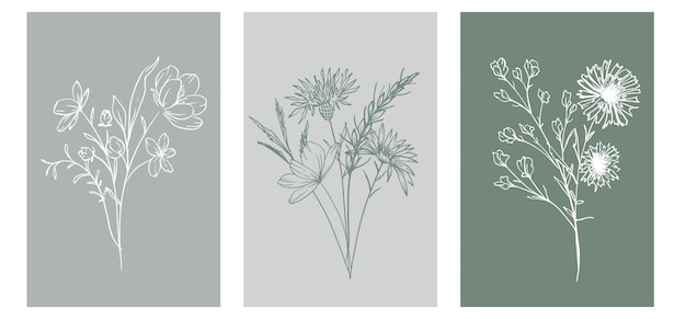 Flores silvestres florales de moda y hojas Ilustración de arte de línea Botánica Arte de línea Colección de flores silvestres Arte de línea dibujado a mano Gráficos de lujo Arte floral de línea fina Perfecto para invitaciones de boda elegantes