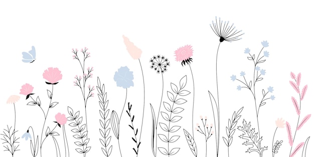 Flores silvestres hierbas flores plantas y mariposas volando Esquema estilo completo Vector ilustración