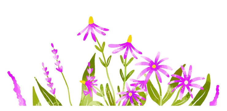 Vector flores silvestres púrpuras de primavera encabezado para letras saludo ca