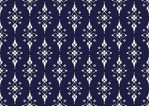 flores de símbolo geométrico y blanco en fondo azul oscuro diseño de patrón sin costuras de tela étnica
