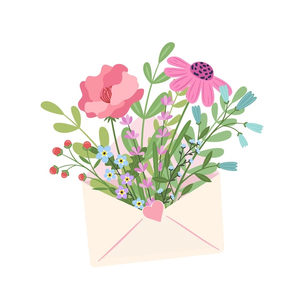 Flores en un sobre correo floral concepto de amor feliz día de san valentín diseño de dibujos animados planos