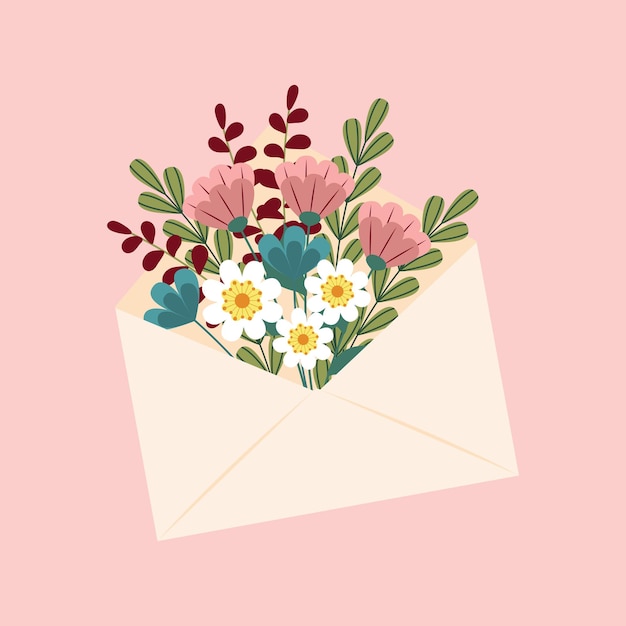 Flores en sobre plantilla de tarjeta postal para el día de San Valentín día de la madre día de la mujer cumpleaños ilustración vectorial