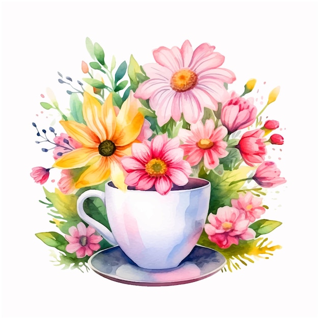 Vector flores en una taza de café con acuarela