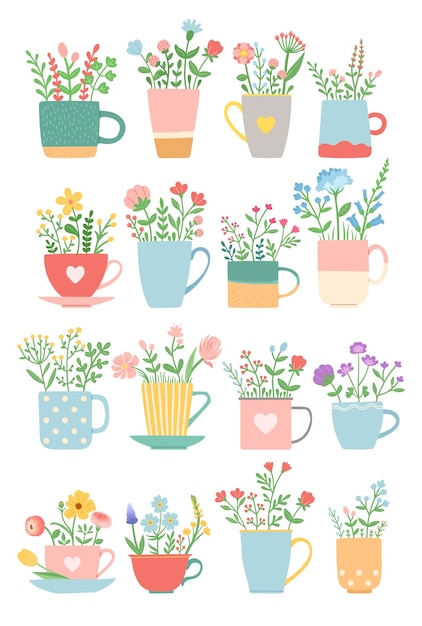 Flores en taza verano primavera set vector ilustración