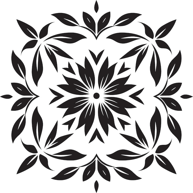Flores teseladas azulejos negros icono floral patrón de mosaico floral icono vectorial geométrico