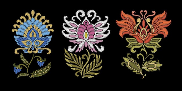Flores tribales abstractas. colección de bordados. estampados florales. patrones bordados de moda.