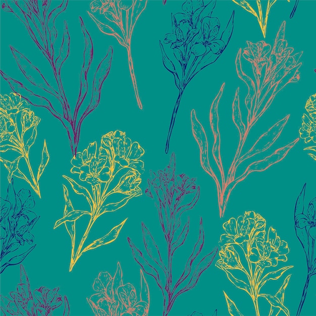 Flores tropicales de Alstroemeria. Patrón transparente de vector vintage. Fondo de plantas exóticas dibujadas a mano. Papel pintado botánico de contorno coloreado para textil, envoltura, tela.