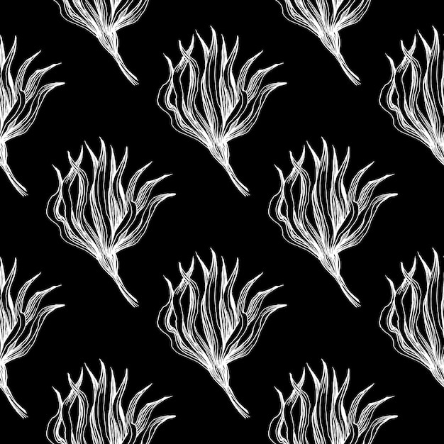 Flores tropicales arte de tinta grabado patrón sin costuras sobre fondo negro textura de impresión de papel tapiz de tela vector