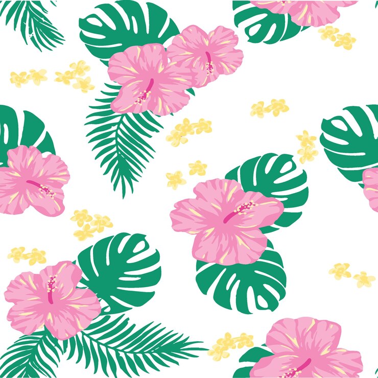Flores tropicales sin costuras y palmeras de la selva hermoso patrón de tela con un aislamiento de flores tropicales