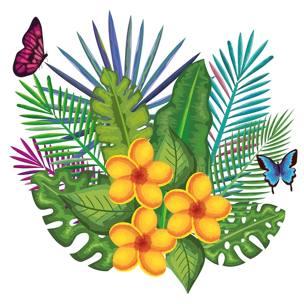 Flores tropicales y exóticas con mariposas