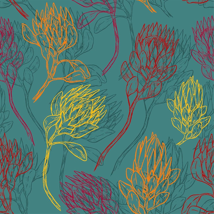 Vector flores tropicales de protea. adorno con plantas exóticas. patrón transparente de vector dibujado a mano. diseño botánico vintage para papel pintado, estampado, decoración, fondo, textil.