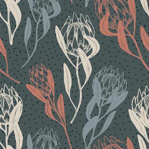 Flores tropicales de protea. patrón transparente de vector. adorno botánico vintage con plantas exóticas. diseño para decoración, textil, fondo, papel pintado.