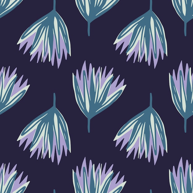 Flores de tulipán dibujado a mano azul y púrpura de patrones sin fisuras. Siluetas de cogollos abstractos sobre fondo oscuro azul marino.