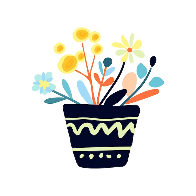Flores variadas aisladas en una olla al estilo popular