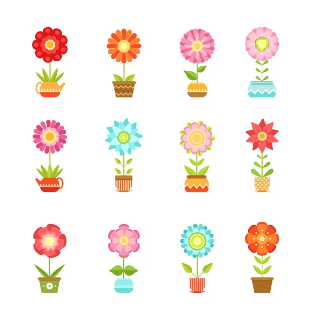 Flores vectoriales en diferentes macetas.