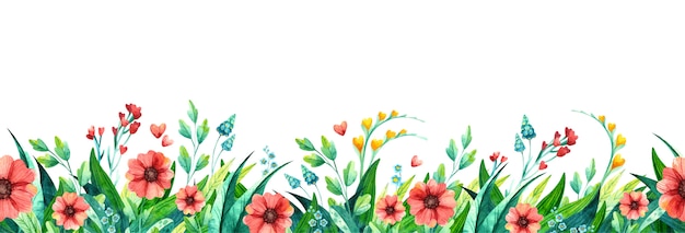 Vector flores de verano deja acuarela fondo horizontal. plantas de temporada follaje multicolor. blooming flores silvestres, hierba.