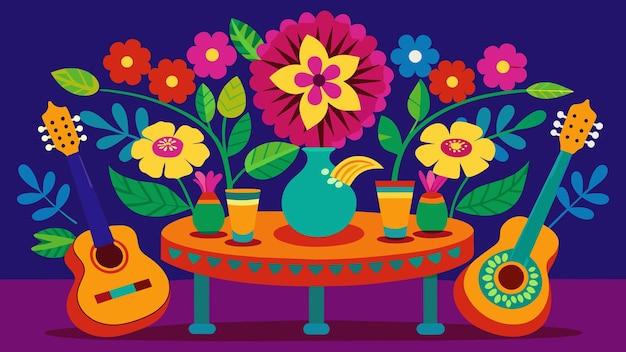 Vector flores vibrantes adornan la mesa que coincide con la energía de la banda de mariachi mientras tocan tradicionalmente