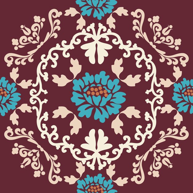Flores vintage azules con patrones adornados sobre fondo burdeos Patrón de textura vintage