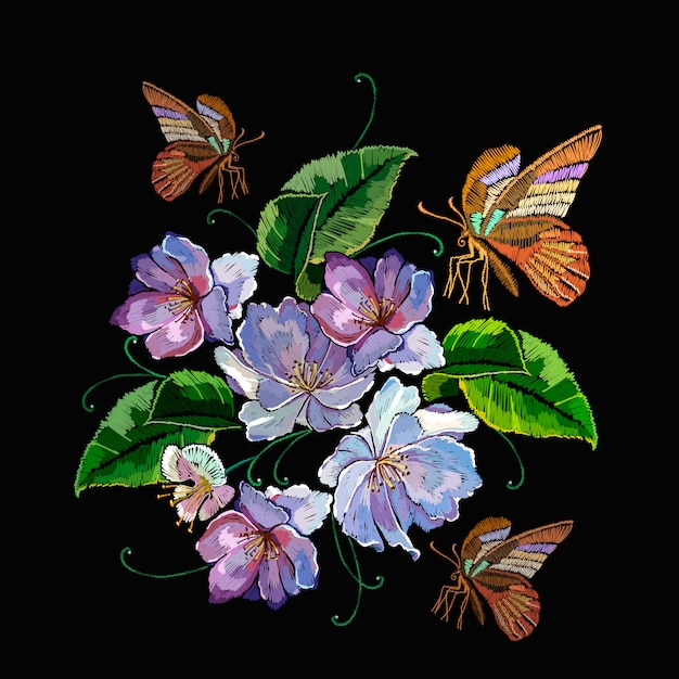 Vector flores violetas y mariposas, bordados