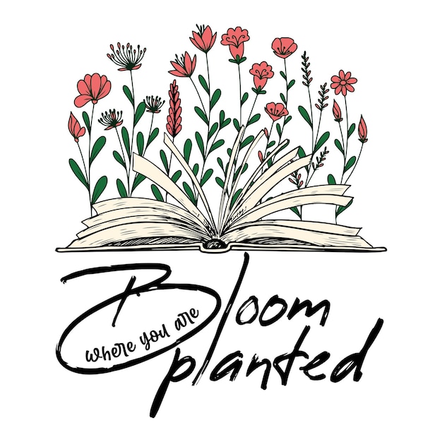 florezca donde estás plantado cita motivacional diseño de libro abierto floral