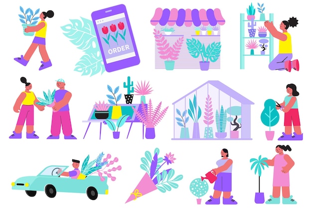 Floristería conjunto de iconos planos e imágenes aisladas de flores en invernadero y garabatos personajes humanos ilustración vectorial