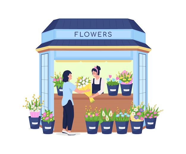 Vector floristería que vende flores al cliente carácter detallado de color plano