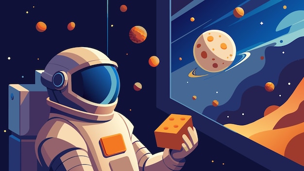 Vector flotando a través del vacío del espacio el astronauta humano odía un paquete de panqueques de queso interestelar
