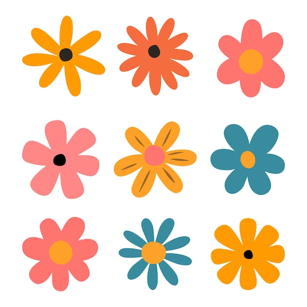 Flowers Groovy personajes de dibujos animados divertidos margaritas felices con ojos y sonrisa