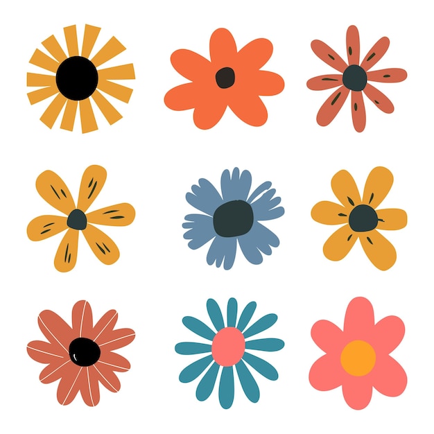 Flowers Groovy personajes de dibujos animados divertidos margaritas felices con ojos y sonrisa