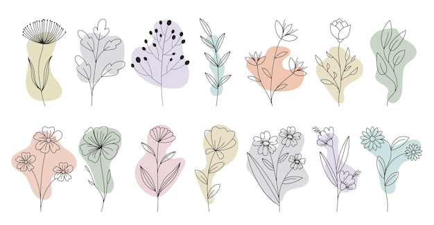 Flowers outline water color clip art set Líneas de dibujo de flores de primavera clip art en color pastel