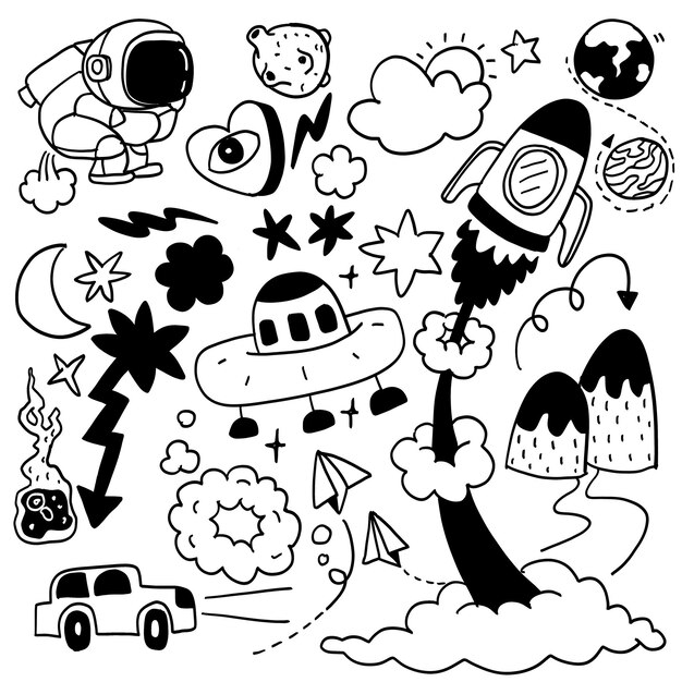 Flowing Doodle dibujado a mano con elementos espaciales y cósmicos