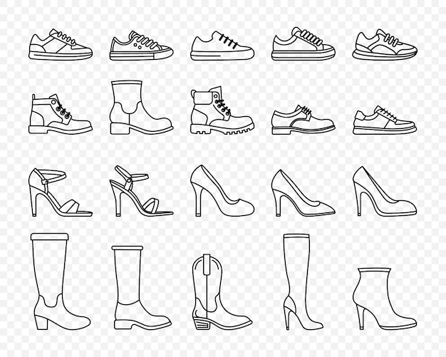 Flta Vector Lineal Icon de zapatos masculinos y femeninos Conjunto de zapatillas aisladas Icones de calzado