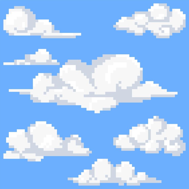 Vector fluffy nubes pixel art icono conjunto de humo o niebla elementos del cielo colección de logotipo 8bit sprite juego de
