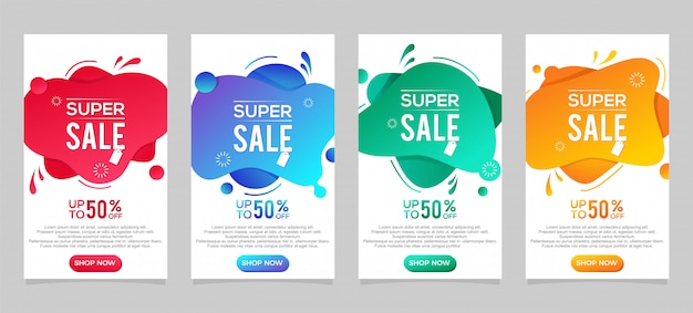 Fluido dinámico moderno para venta de banners. plantilla de banner de venta. oferta especial de superventas y descuento hasta 50% de conjunto de plantillas