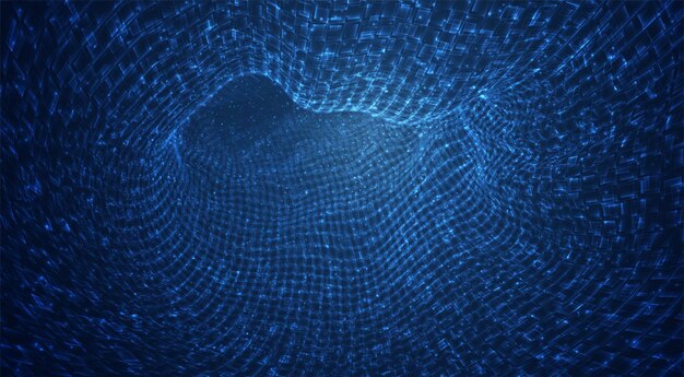 Flujo azul vectorial de partículas luminosas y cristales, datos virtuales