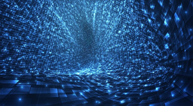 Flujo azul vectorial de partículas luminosas y cristales, datos virtuales