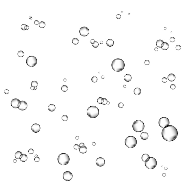Flujo de burbujas de aire de oxígeno en el agua sobre fondo blanco.