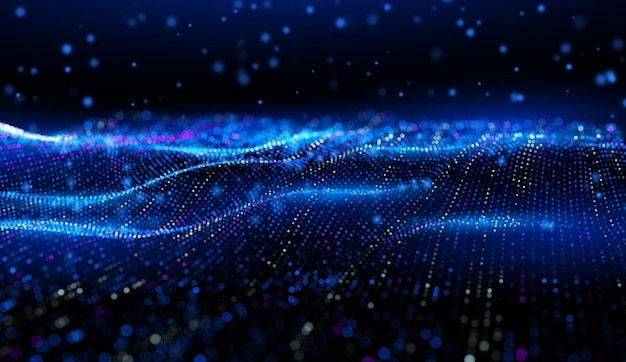 Flujo de datos cibernéticos con partículas bokeh que muestran IA y aprendizaje automático