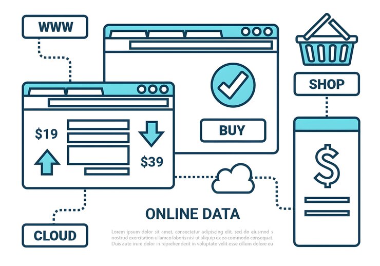 Vector flujo de datos en línea proceso de comercio electrónico
