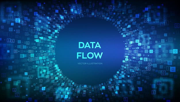 Vector flujo de datos túnel de flujo de datos binarios deformación de túnel virtual programación de codificación o concepto de piratería ciberespacio futurista abstracto big data código digital con dígitos 10 ilustración vectorial