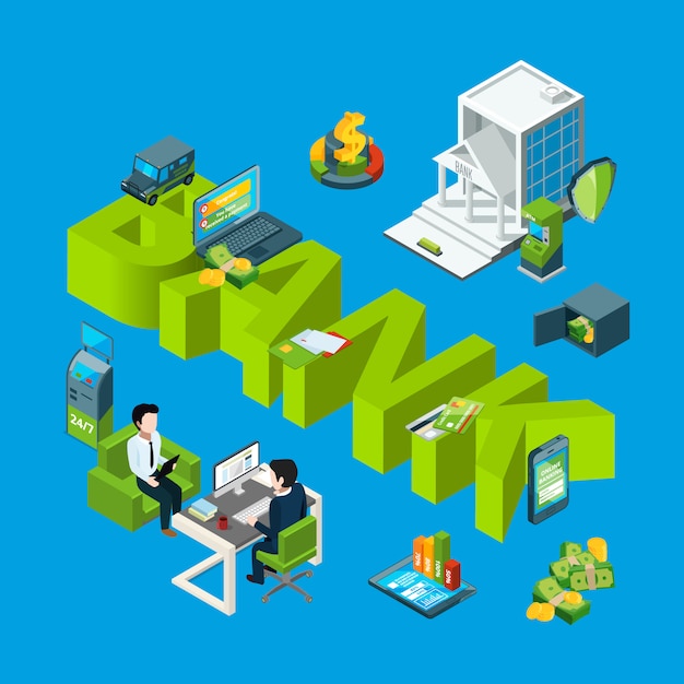 flujo de dinero isométrico en la ilustración de infografía de iconos de banco