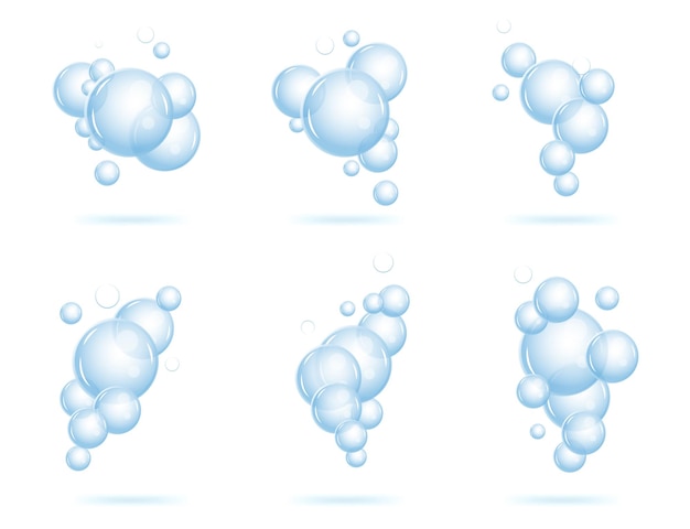 Flujo efervescente realista de burbujas de aire bajo el agua en agua, refrescos, mar. Burbujas de espuma.