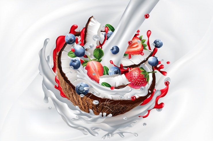 Vector flujo de leche, coco con arándanos y fresas en yogurt o batido.